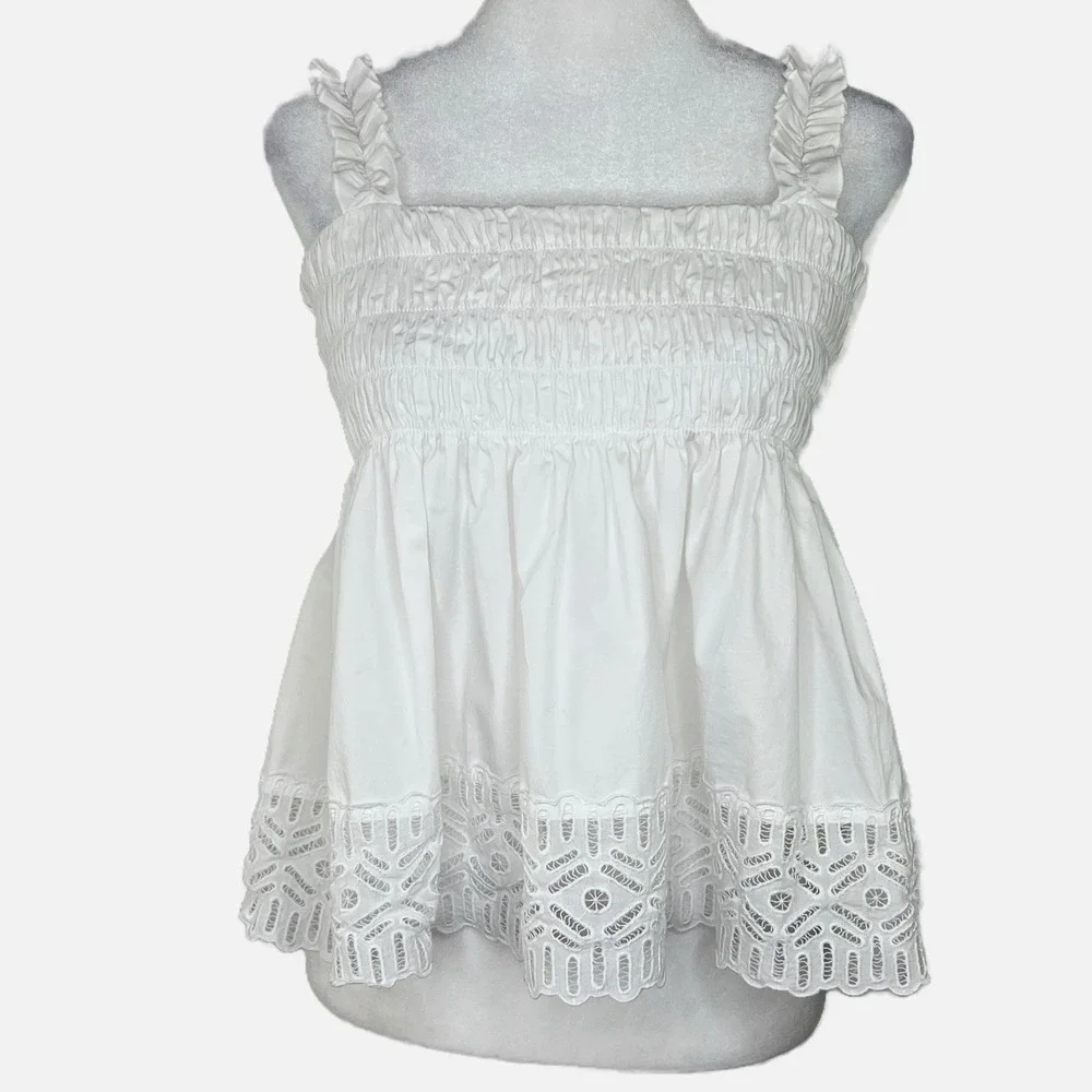 TORY BURCH White Smocked Lace Eyelet Ruffle‎ Boho Coastal Cowgirl Baby Doll Sz 8